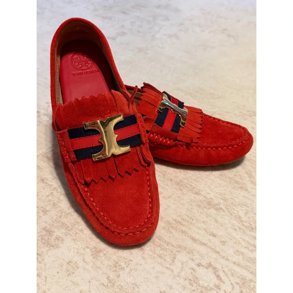 Tory Burch Red Suede Kiltie Fringe Driving Loafers Gold Logo Buckle Flats 6.5
